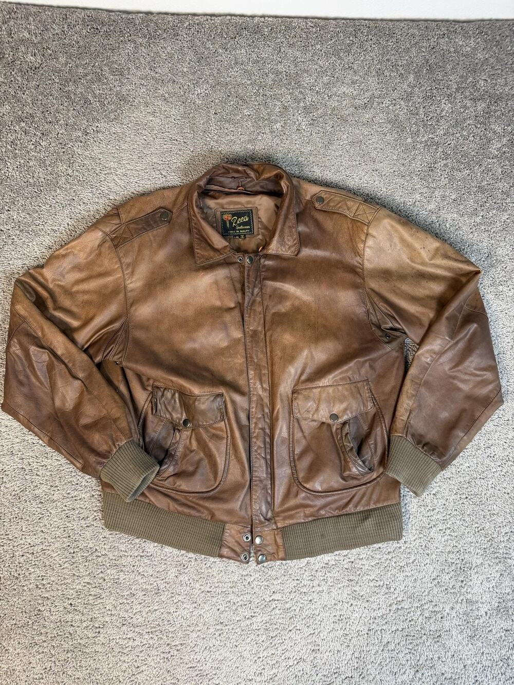 Vintage Reed Sportswear Flight Jacket Mens 46 Brown Patina Leather Bomber